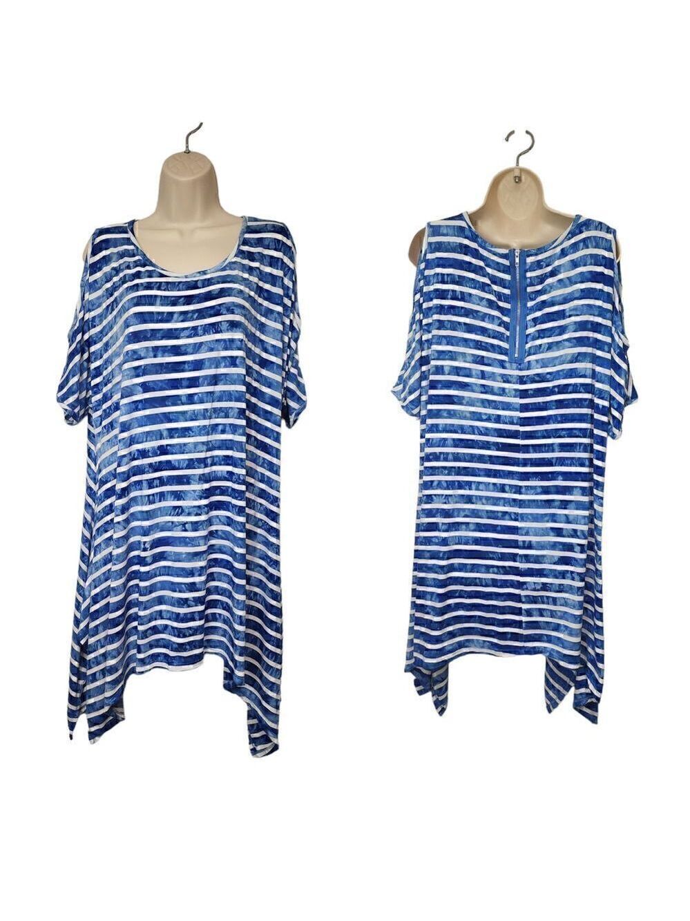 La Vanya Women's Striped V-neck Short Sleeve Hanky Hem Tunic Blouse Size 1X